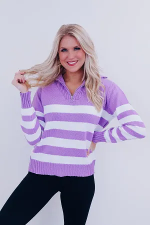 Spunky Striped Zip Neck Pullover - Purple