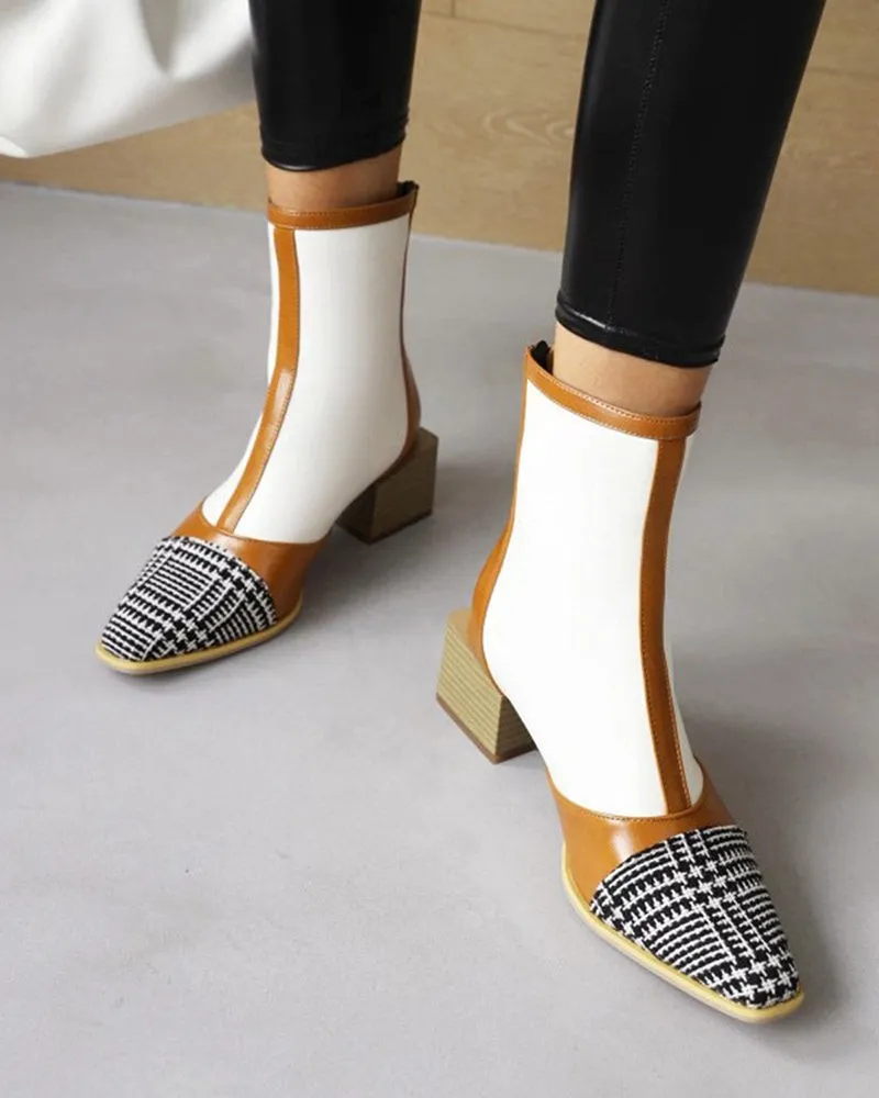 Square Head Color Matching Mid Heel Ankle Boots