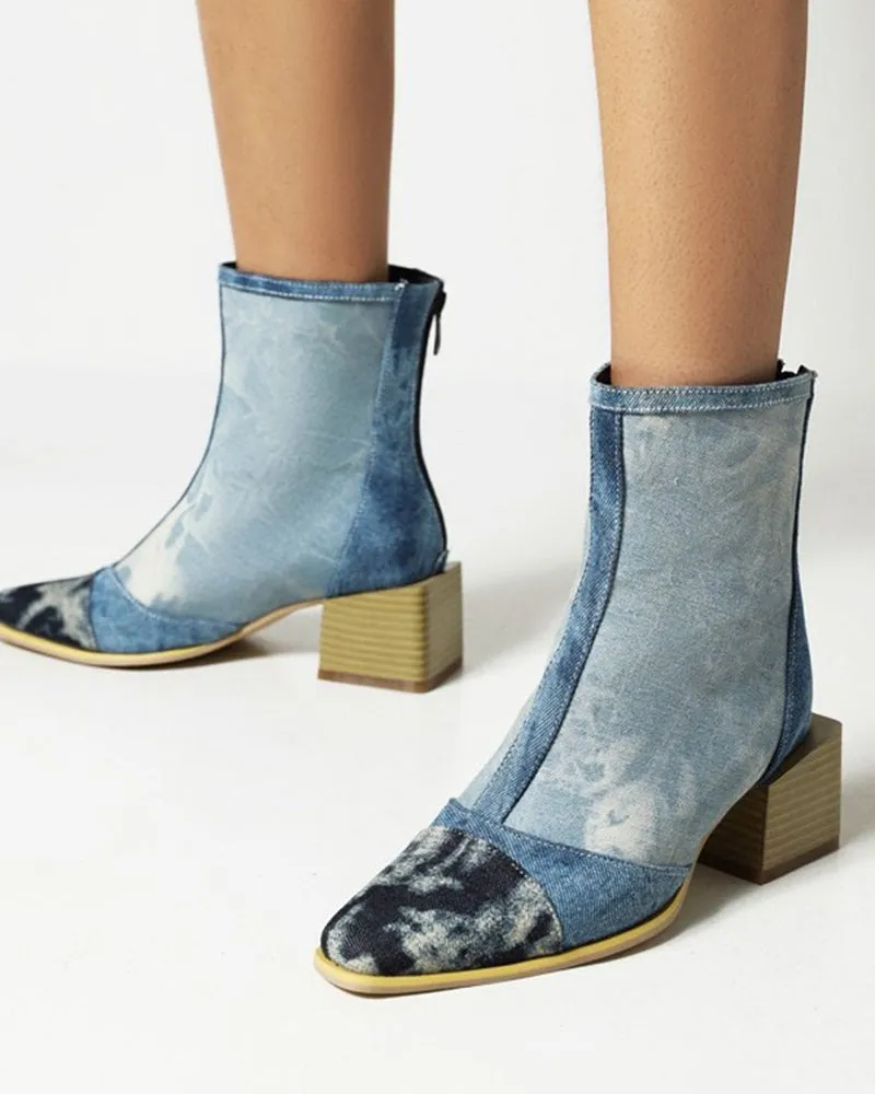 Square Head Color Matching Mid Heel Ankle Boots