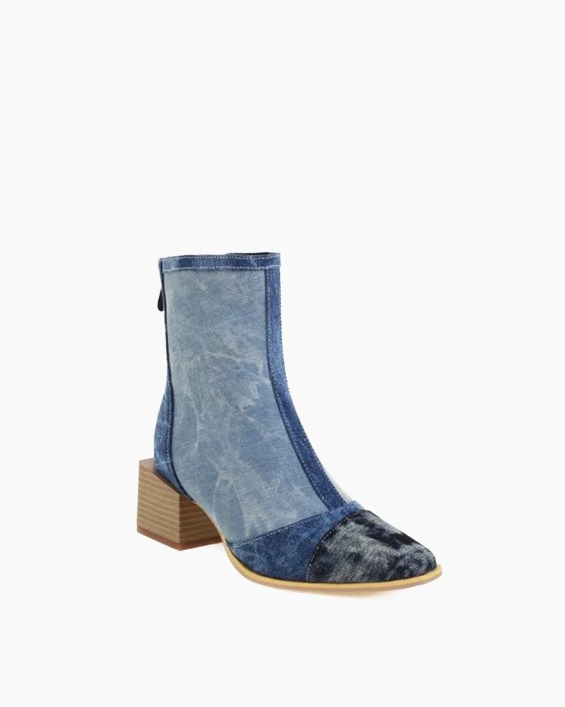 Square Head Color Matching Mid Heel Ankle Boots