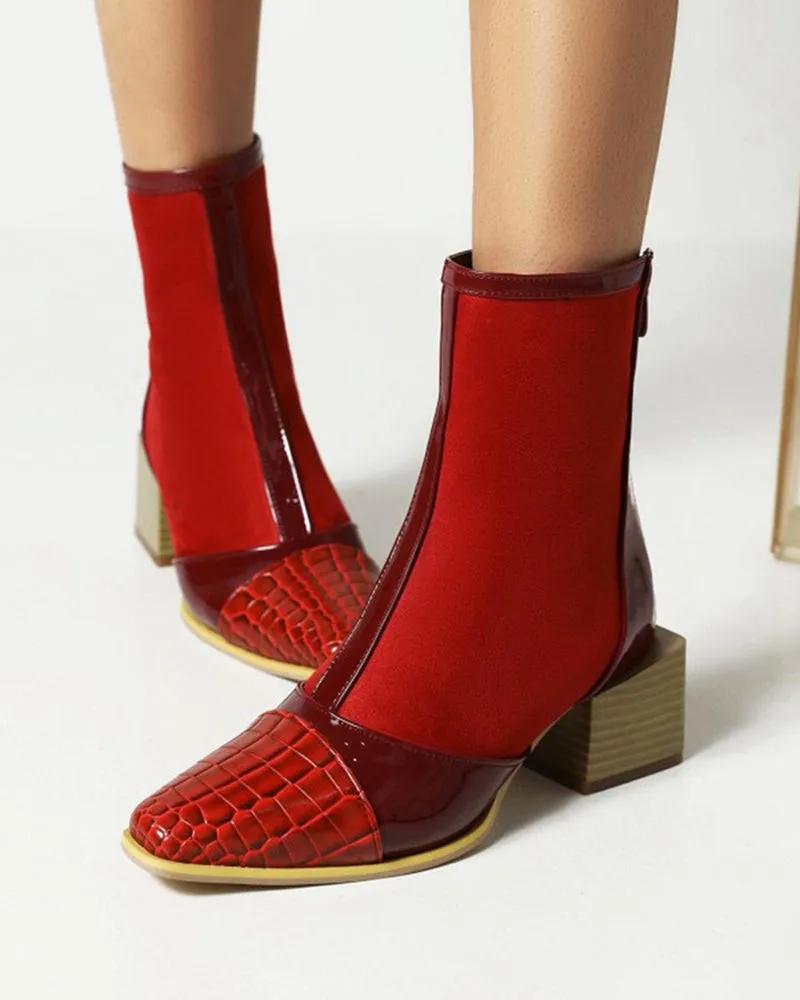 Square Head Color Matching Mid Heel Ankle Boots