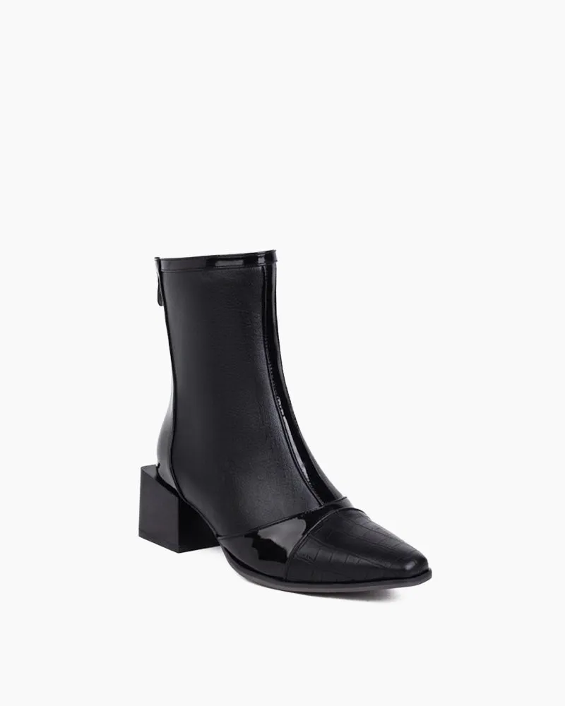 Square Head Color Matching Mid Heel Ankle Boots