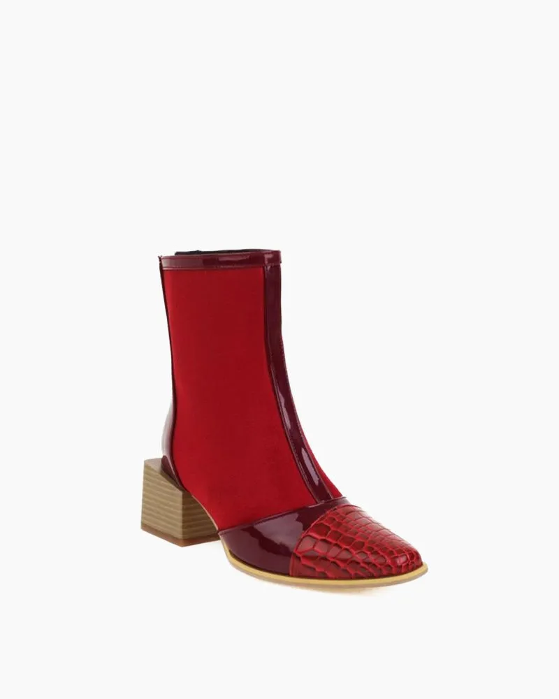 Square Head Color Matching Mid Heel Ankle Boots