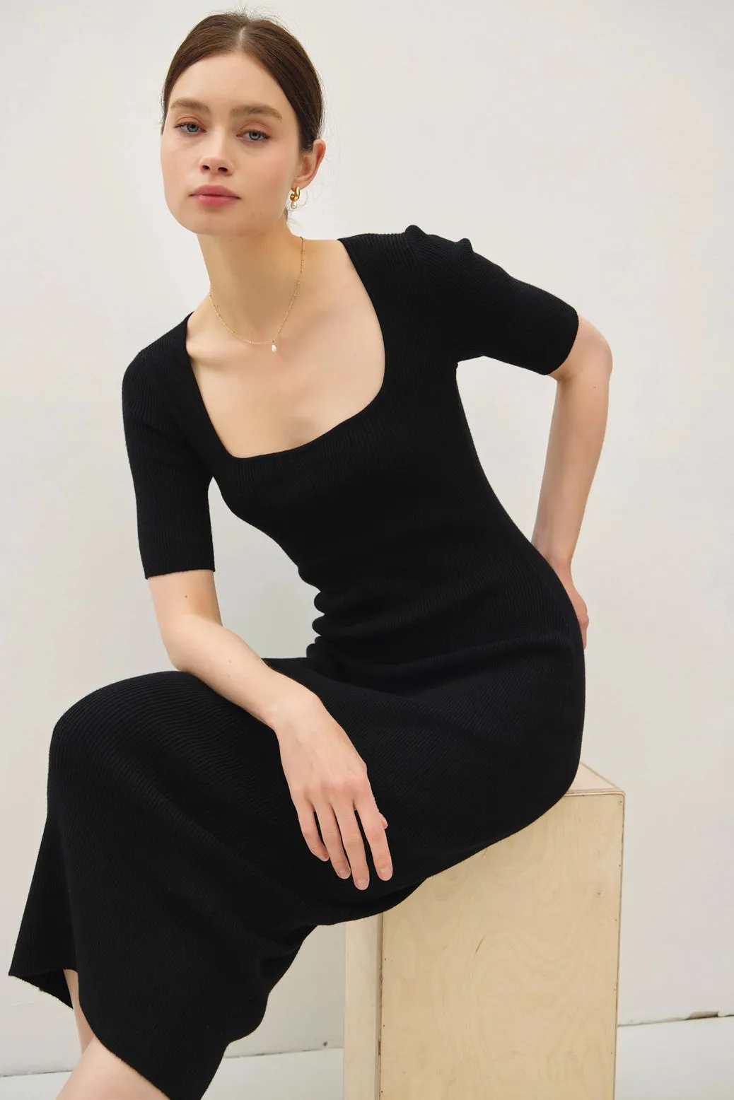 Square Neck Half Sleeve Body Con Sweater Dress Black