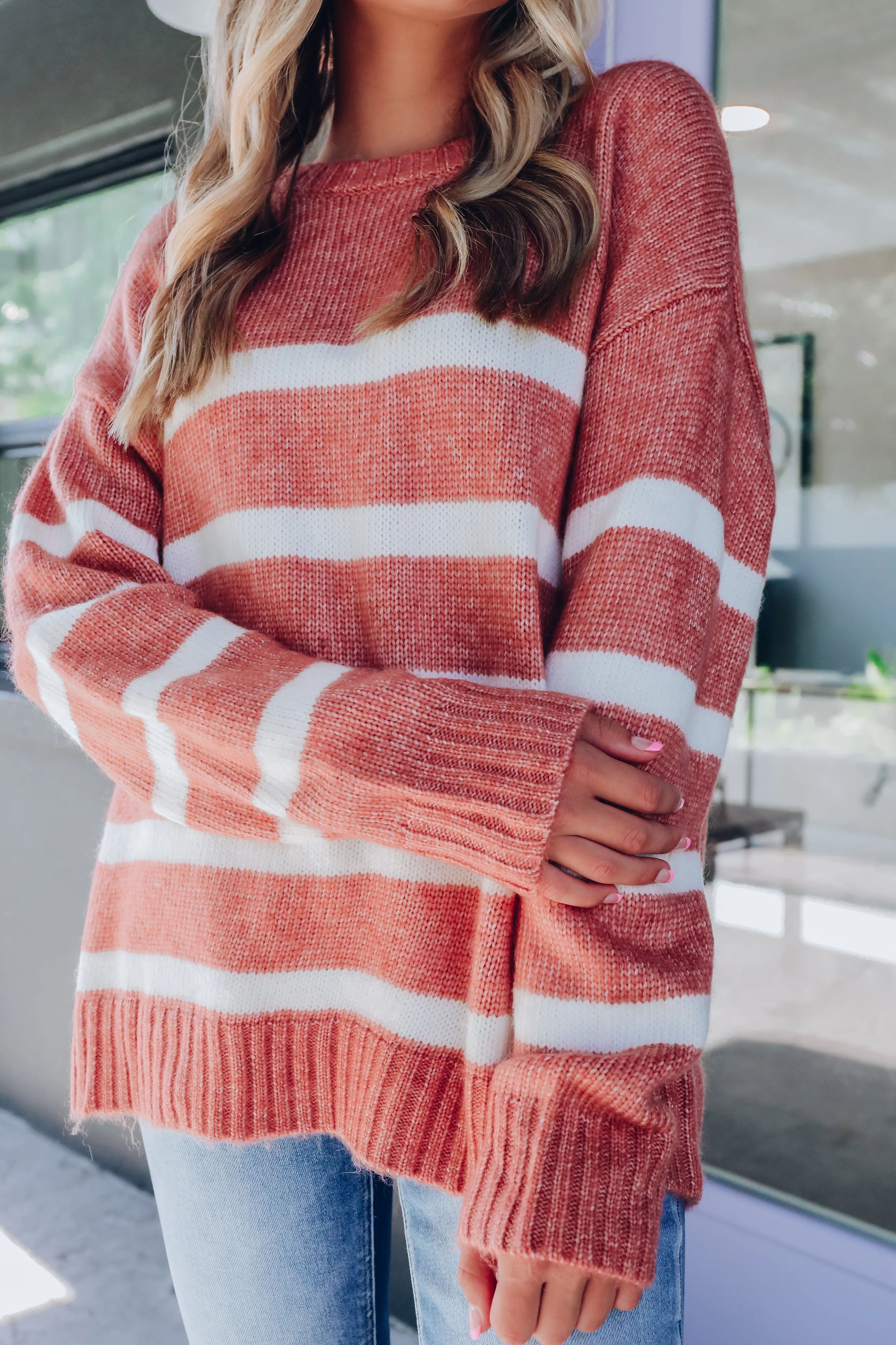 Sumner Cozy Striped Knit Sweater - Terracotta/Ivory