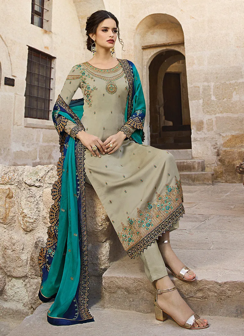 Teal And Turquoise Traditional Pants Suit