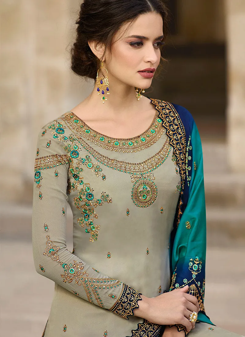 Teal And Turquoise Traditional Pants Suit