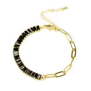Tennis Black CZ Baguette and Chain Link Bracelet