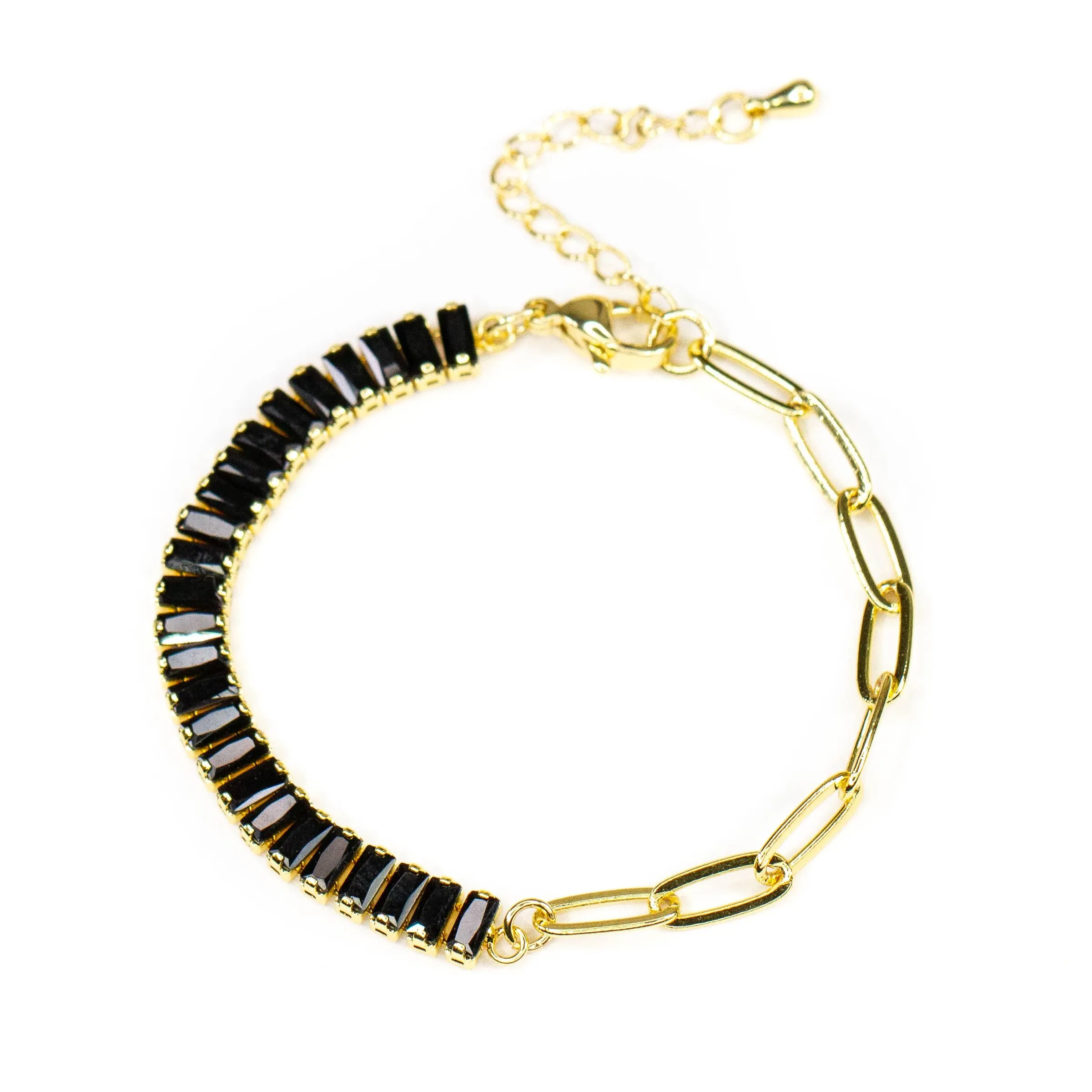 Tennis Black CZ Baguette and Chain Link Bracelet