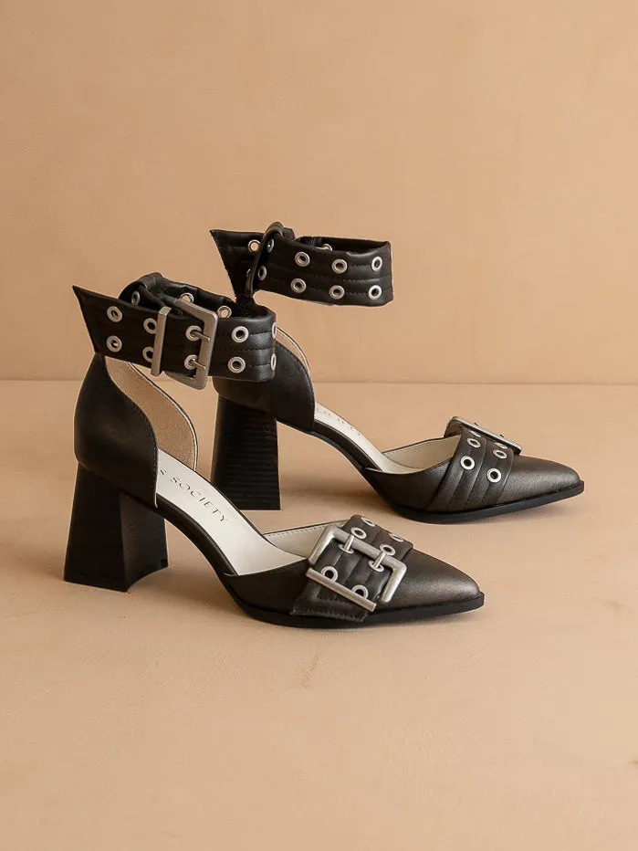 The Lux | Charcoal Double Buckle Pointed Toe Block Heel