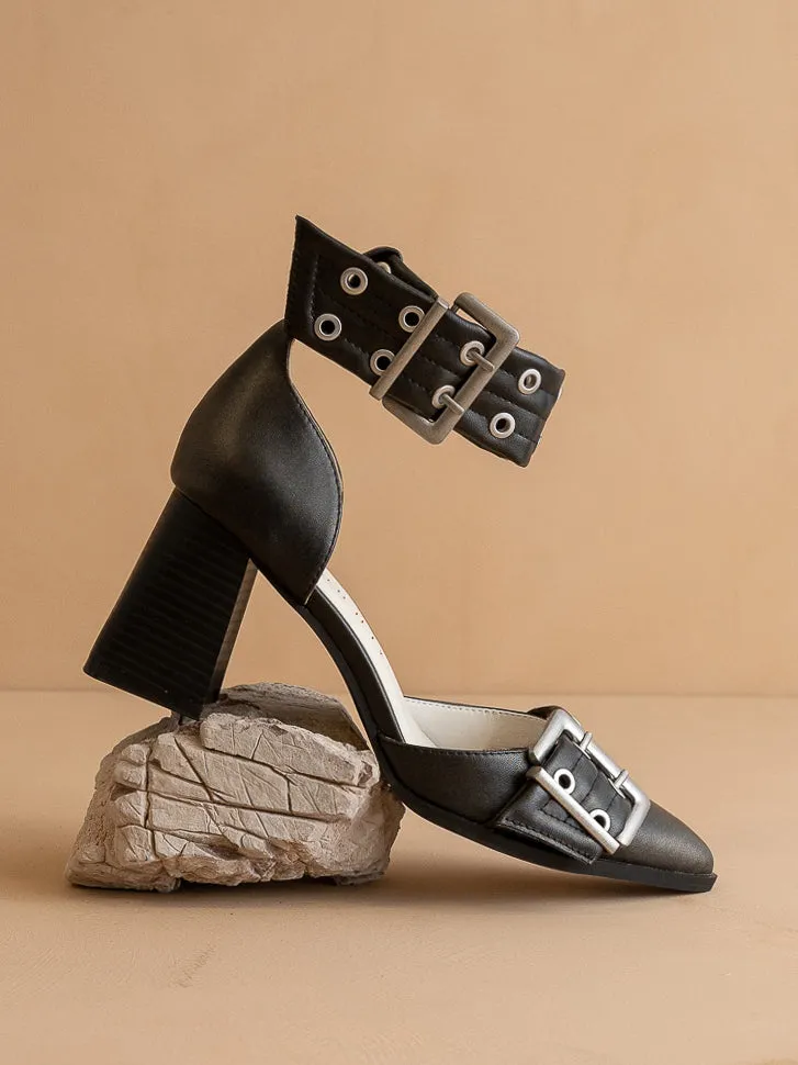 The Lux | Charcoal Double Buckle Pointed Toe Block Heel