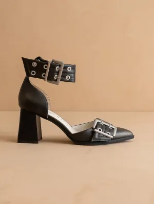 The Lux | Charcoal Double Buckle Pointed Toe Block Heel