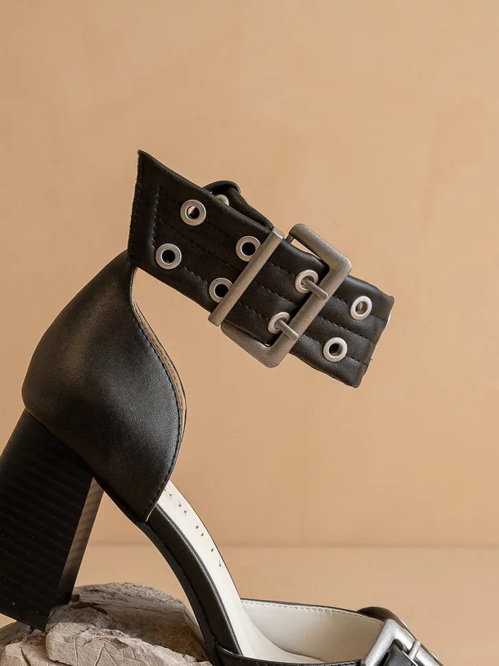 The Lux | Charcoal Double Buckle Pointed Toe Block Heel