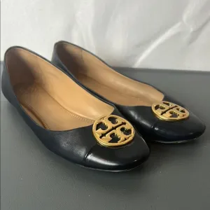 Tory Burch Chelsea Cap-Toe Navy Blue Ballet Flats with Gold Logo Size 7