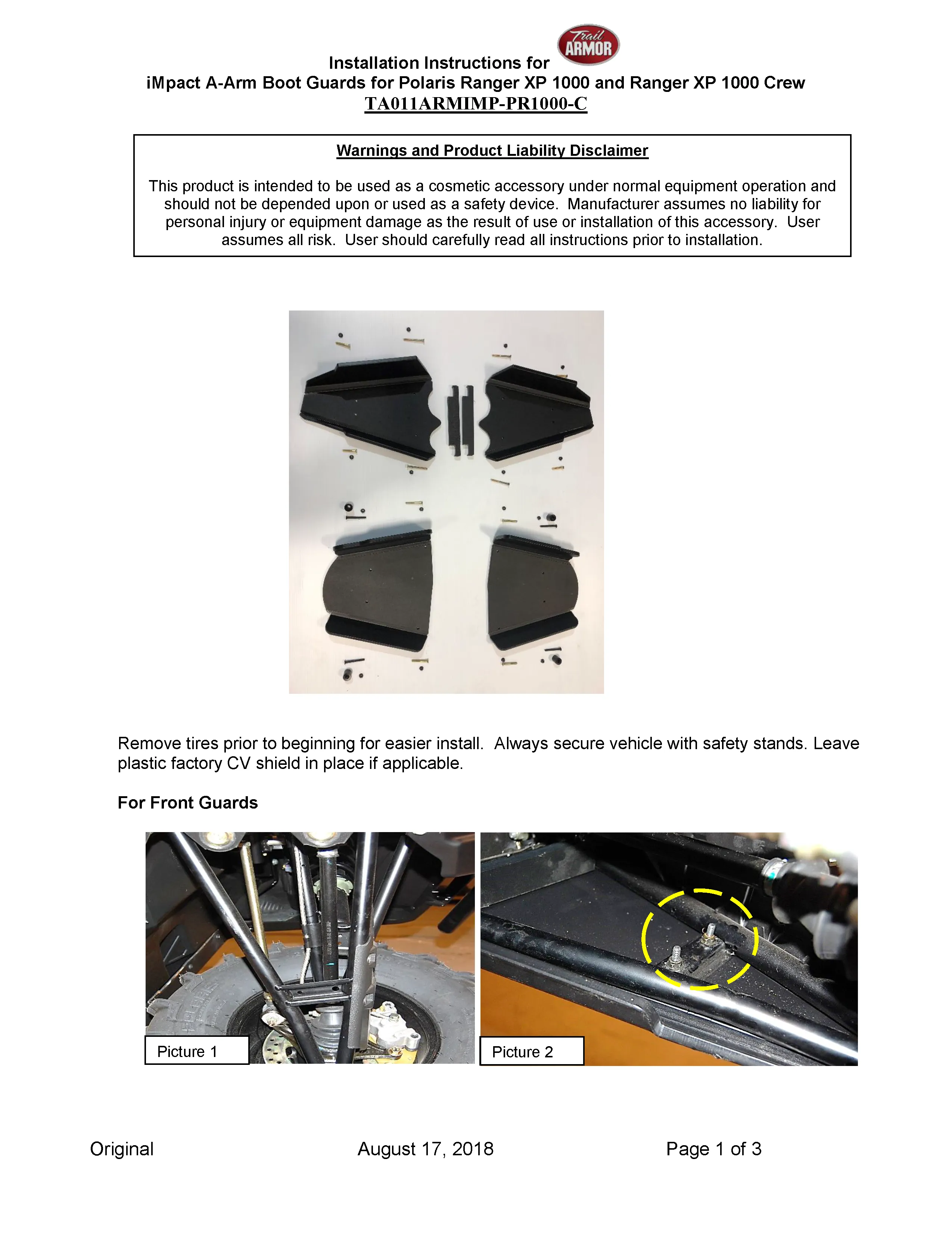 Trail Armor 2018 - 2020 Ranger XP 1000, 2019 - 2020 Ranger XP 1000 Crew and 2020 Ranger 1000 iMpact A-Arm Guards