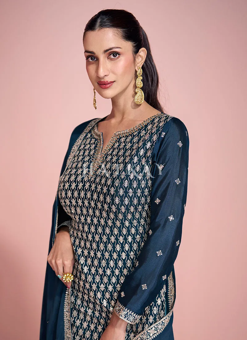 Turquoise Ombré Embroidered Sharara Suit