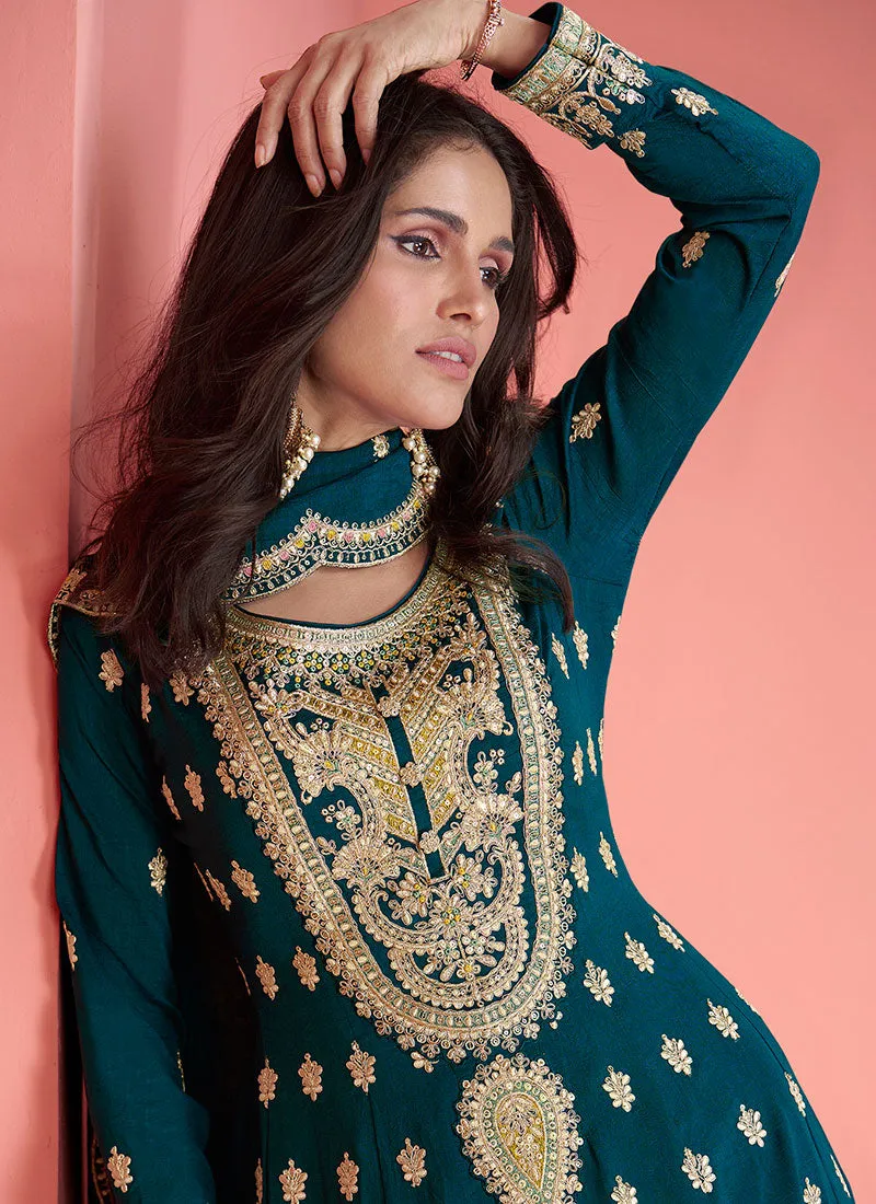 Turquoise Resham Thread Embroidery Anarkali Palazzo Suit