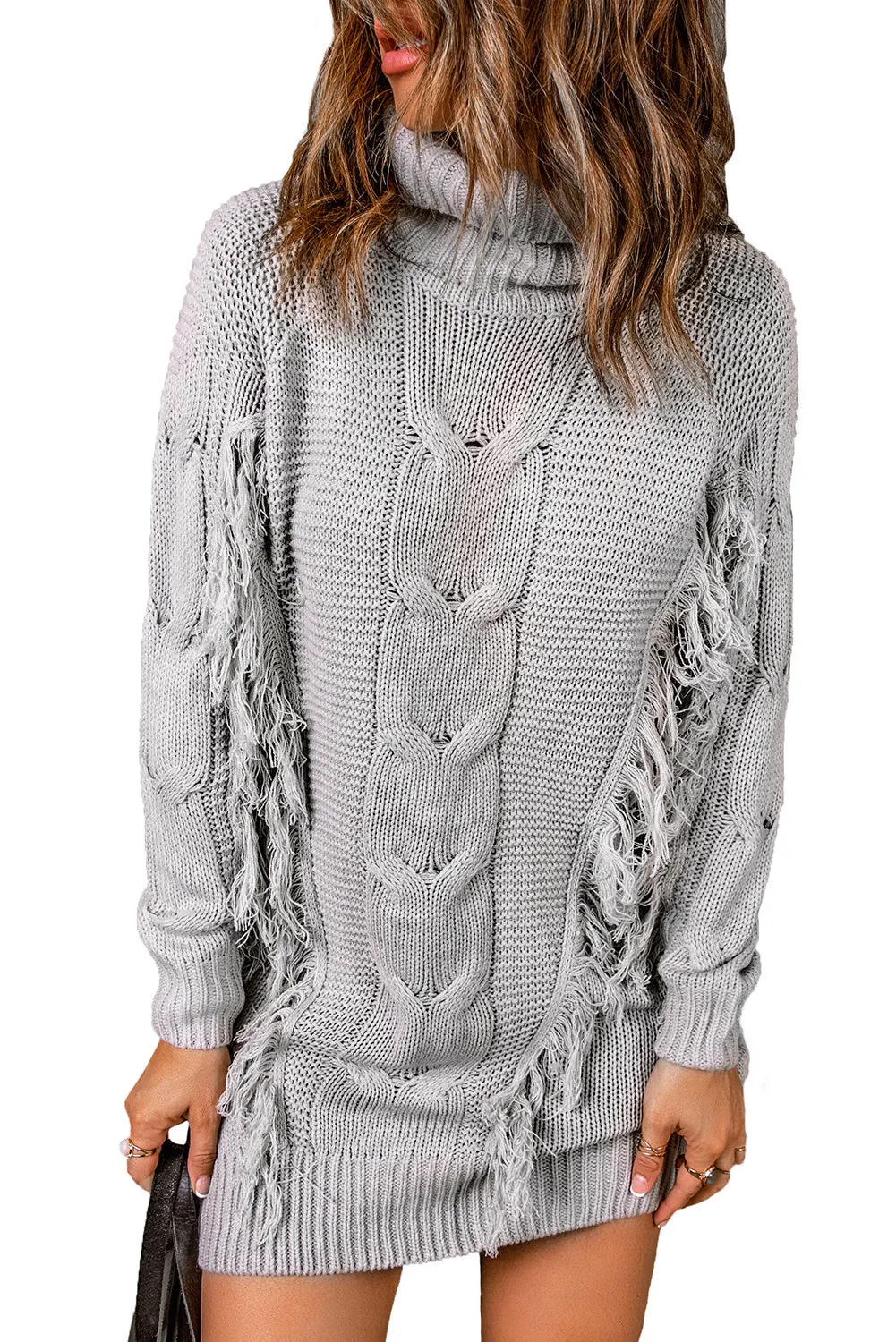 Twist Fringe Casual High Neck Sweater Dress