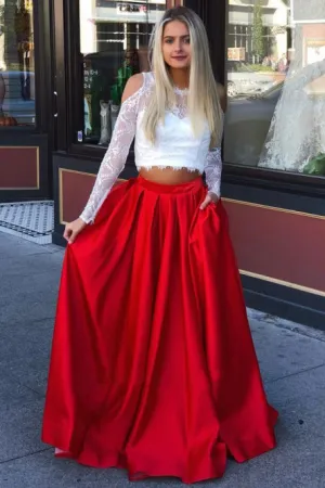 Two Piece Crew Long Sleeves Cold Shoulder Red Long Prom Dress with Lace Pockets LPD093
