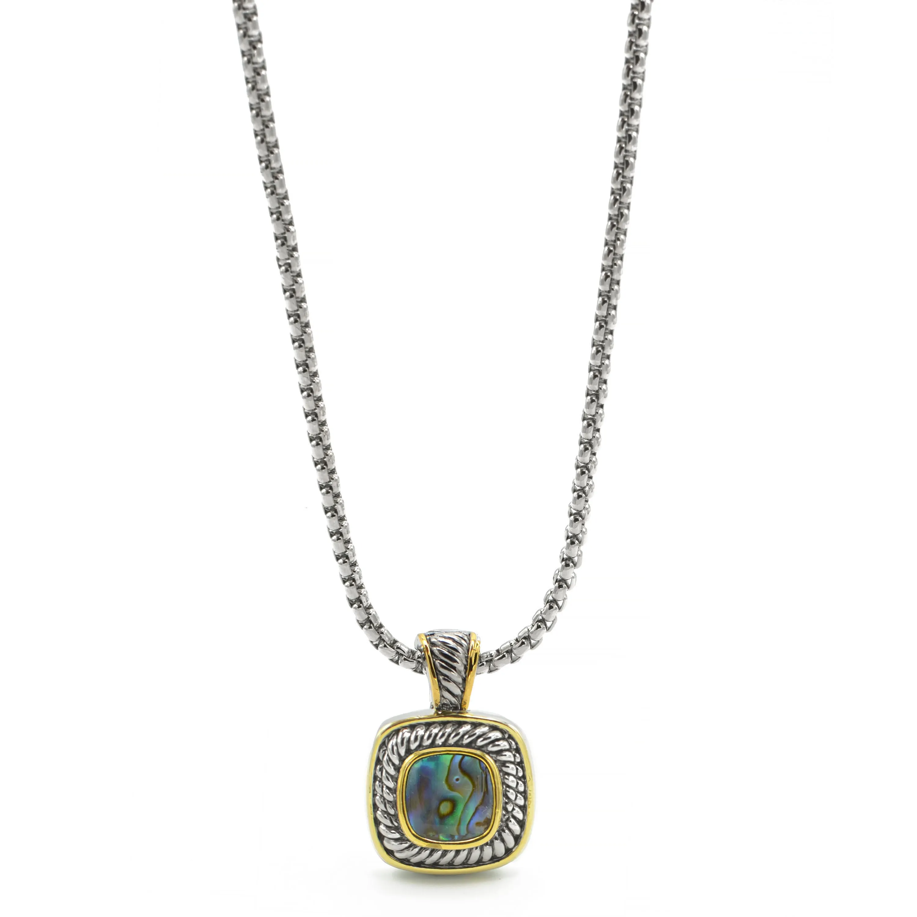 Two-Tone Abalone Square Pendant Box Chain Necklace #73014EH-ABAL.(FA12)