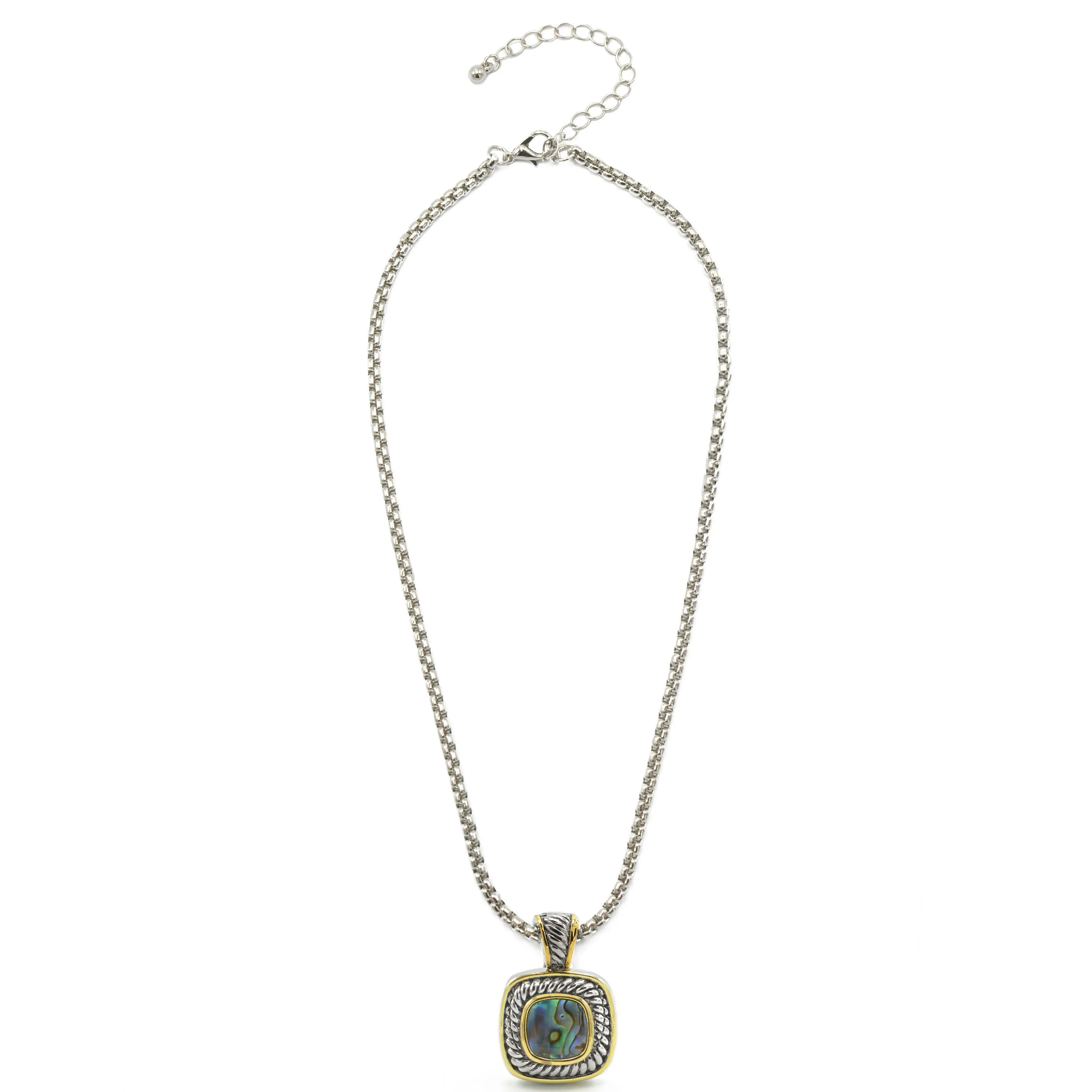 Two-Tone Abalone Square Pendant Box Chain Necklace #73014EH-ABAL.(FA12)