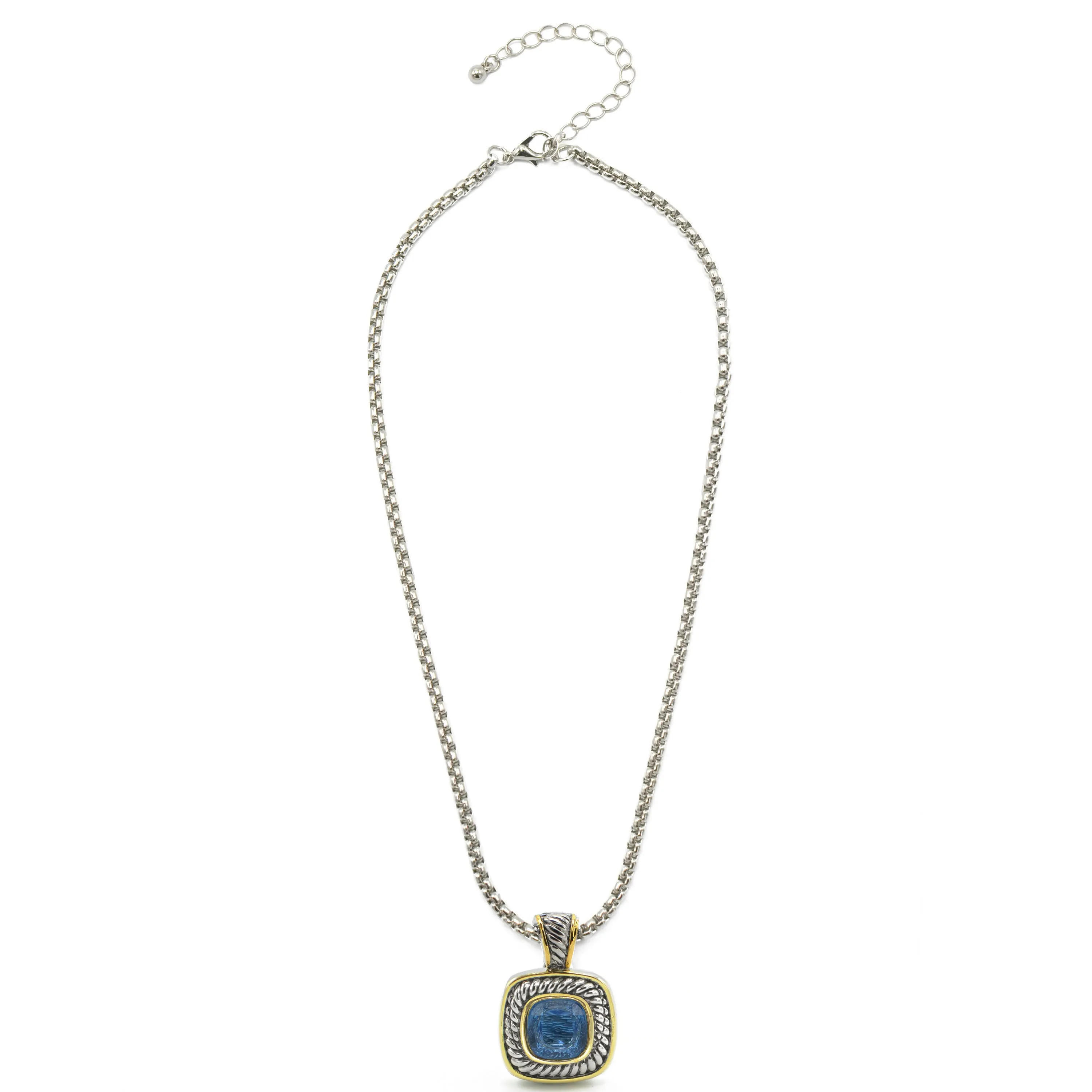 Two-Tone Sapphire Crystal Square Pendant Box Chain Necklace #73014EH-SAP(FD4)