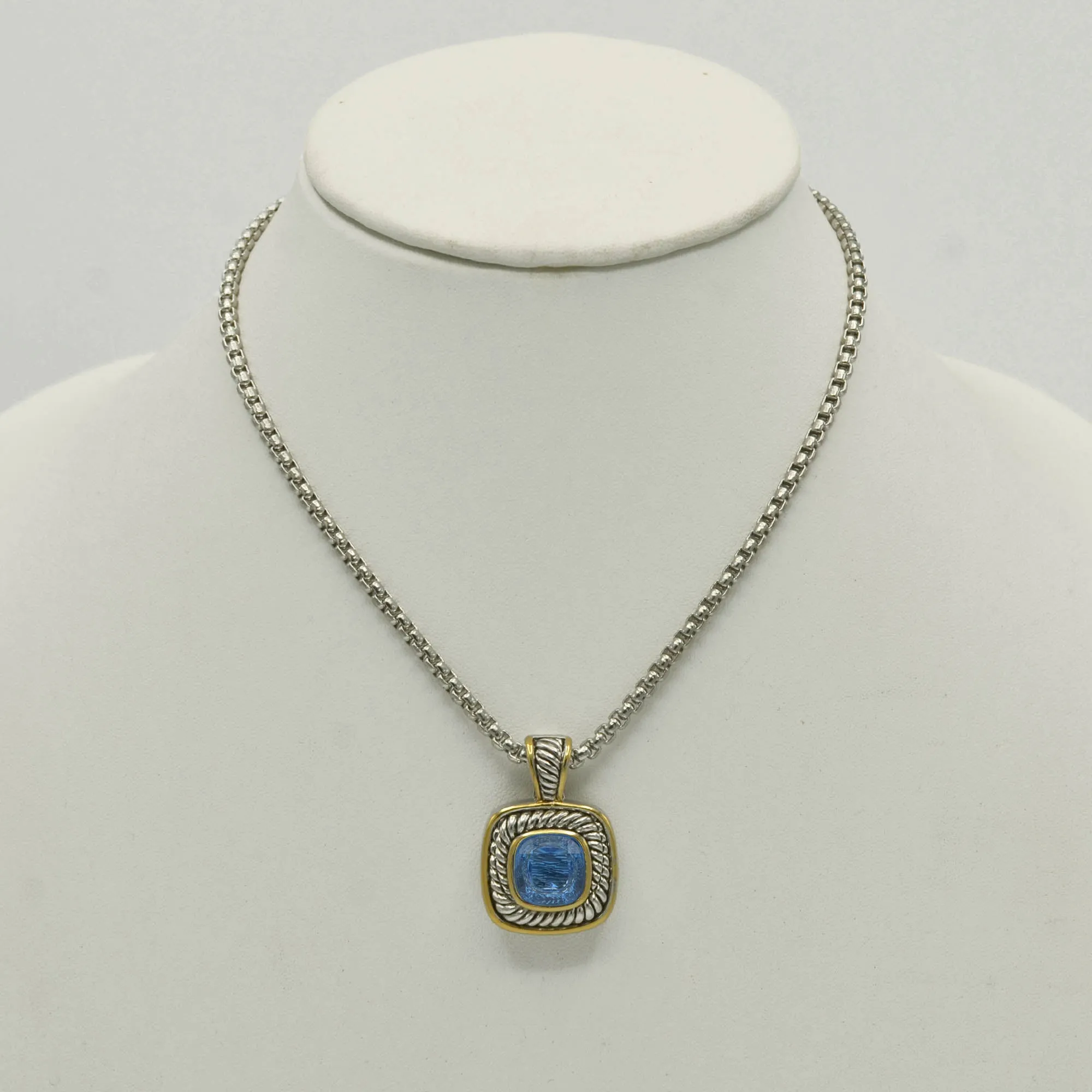 Two-Tone Sapphire Crystal Square Pendant Box Chain Necklace #73014EH-SAP(FD4)