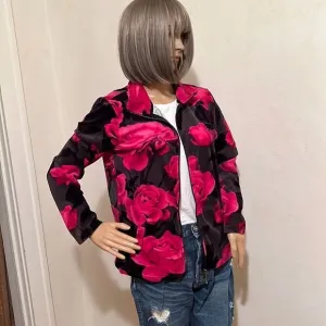 Vintage Preppy Full Zip Funnel Neck Velour Black With Large Pink Roses Jacket S
