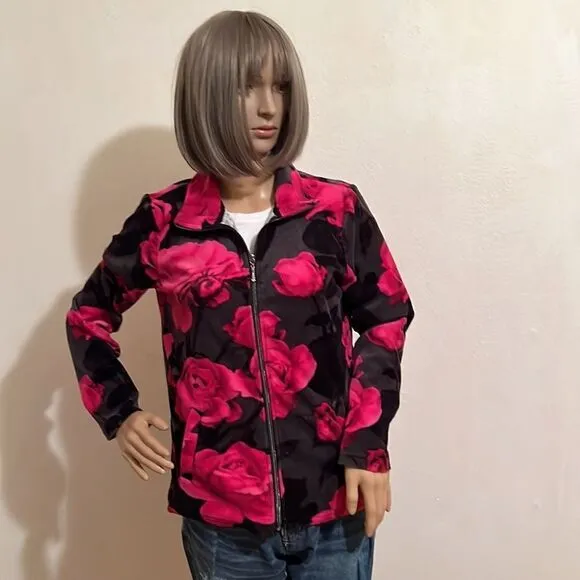 Vintage Preppy Full Zip Funnel Neck Velour Black With Large Pink Roses Jacket S