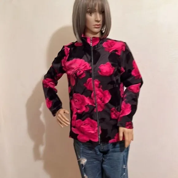 Vintage Preppy Full Zip Funnel Neck Velour Black With Large Pink Roses Jacket S