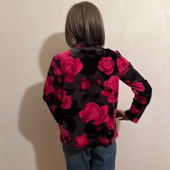Vintage Preppy Full Zip Funnel Neck Velour Black With Large Pink Roses Jacket S