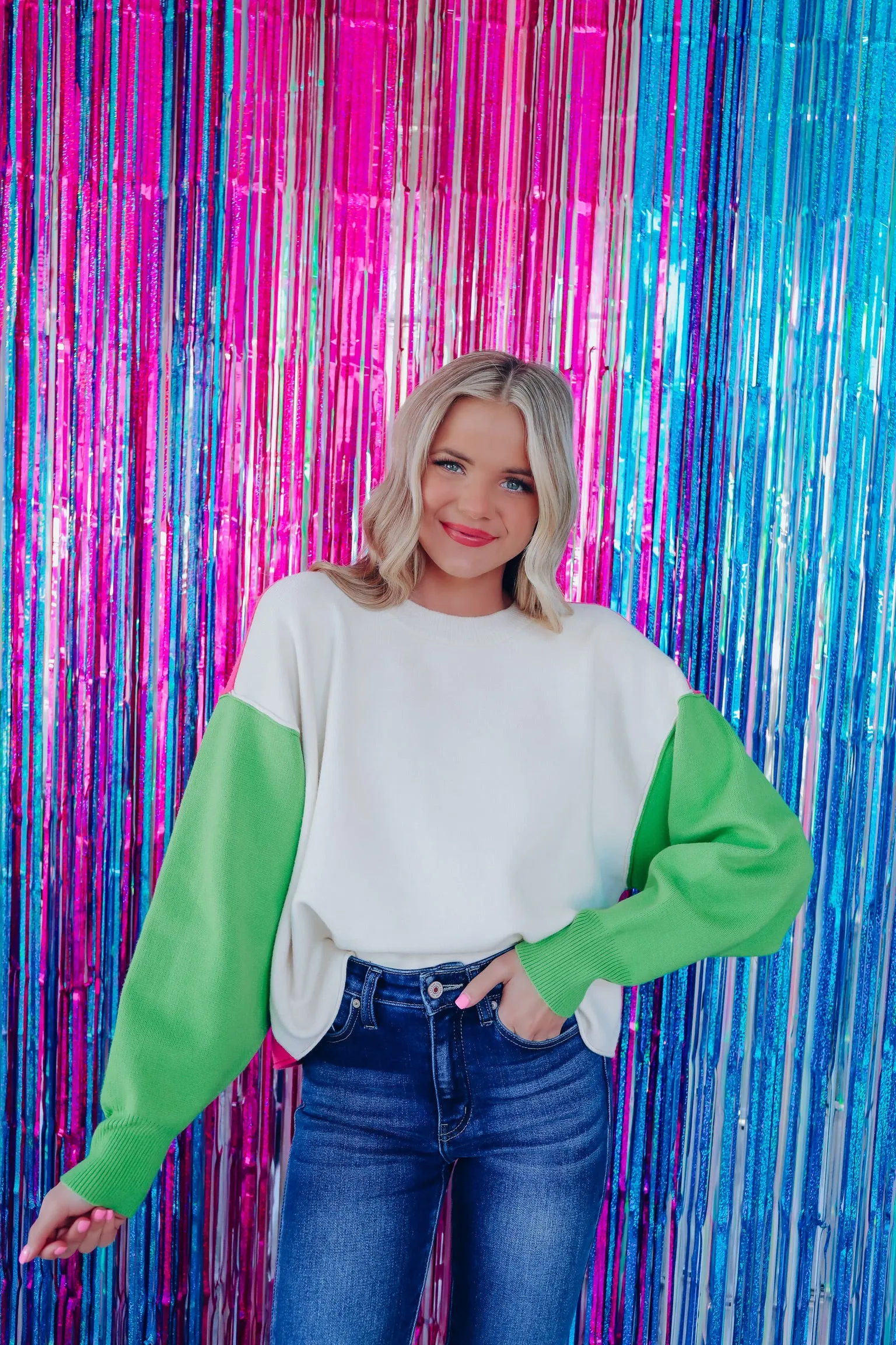 Vivid Vibes Color Block Sweater - Multi/Pink