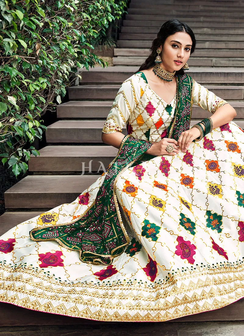 White And Green Multi Embroidery Silk Lehenga Choli