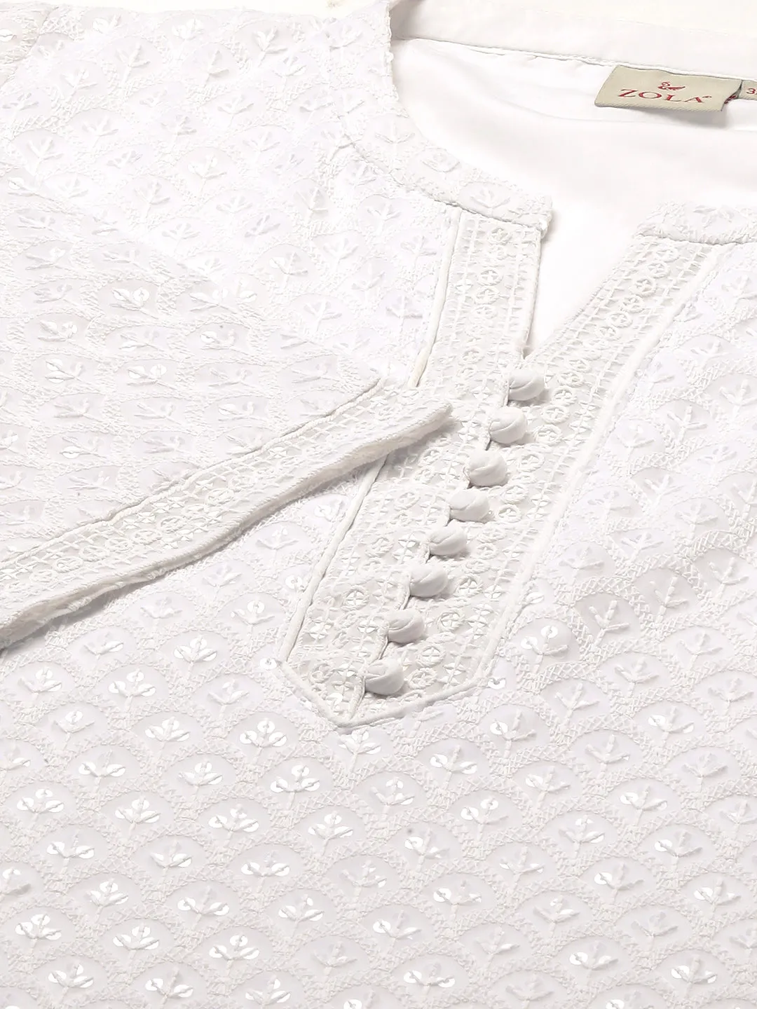 White Georgette Mandarin Collar Neck 3/4th Sleeves Chikankari Embroidery Ethnic Wear Kurta for Women - ZOLA