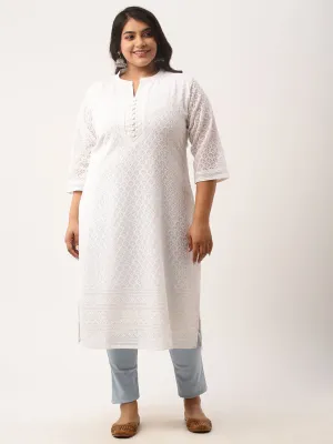 White Georgette Mandarin Collar Neck 3/4th Sleeves Chikankari Embroidery Ethnic Wear Kurta for Women - ZOLA