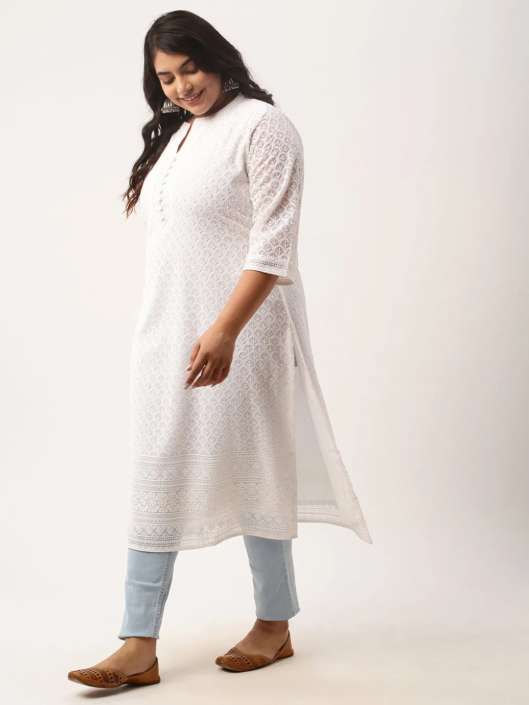 White Georgette Mandarin Collar Neck 3/4th Sleeves Chikankari Embroidery Ethnic Wear Kurta for Women - ZOLA