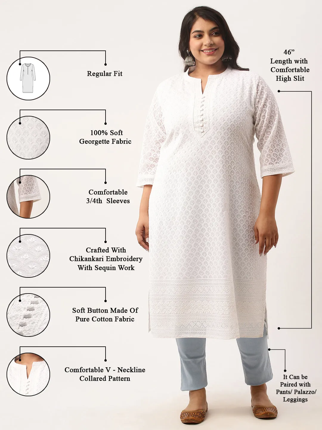 White Georgette Mandarin Collar Neck 3/4th Sleeves Chikankari Embroidery Ethnic Wear Kurta for Women - ZOLA