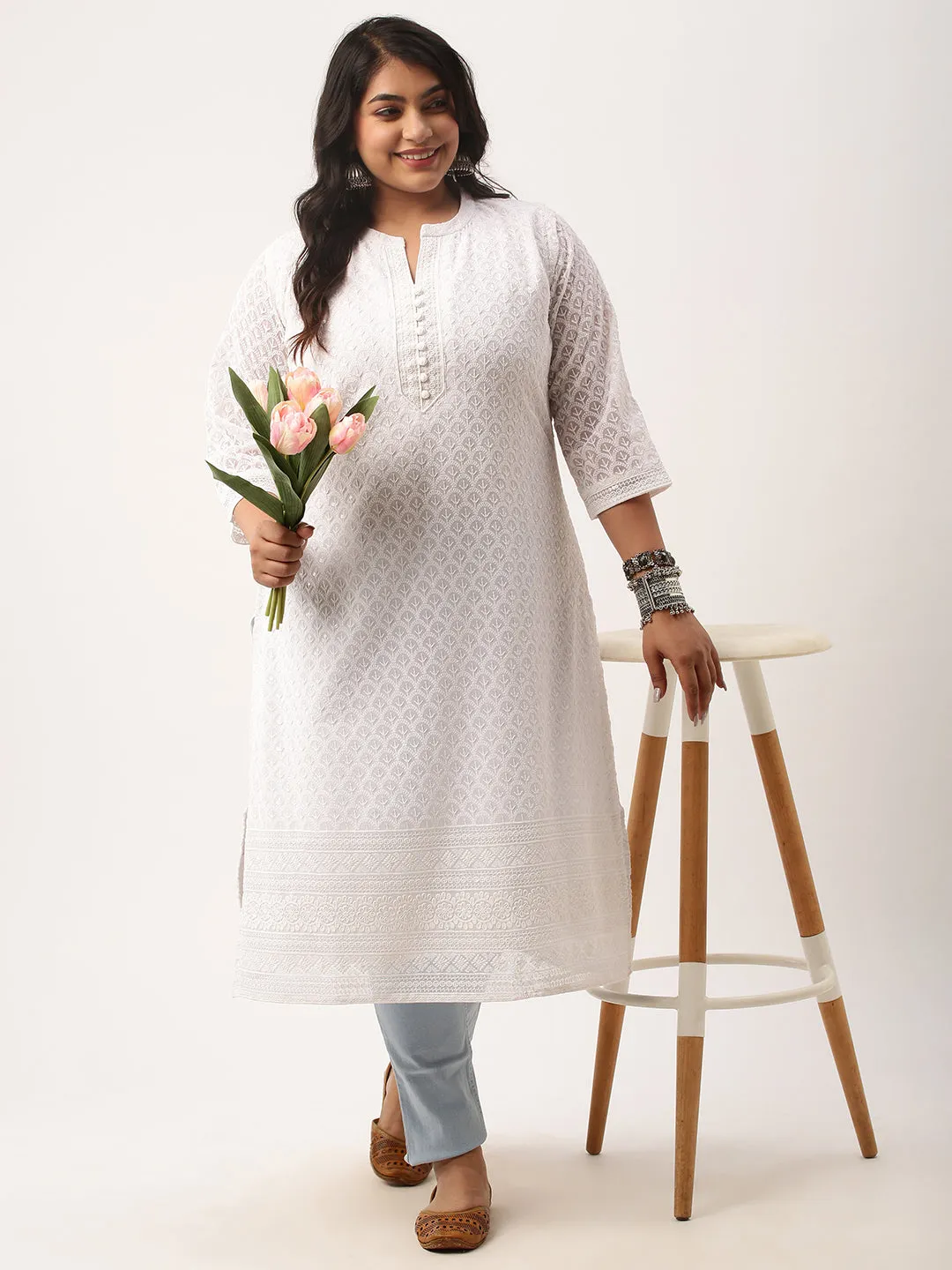 White Georgette Mandarin Collar Neck 3/4th Sleeves Chikankari Embroidery Ethnic Wear Kurta for Women - ZOLA