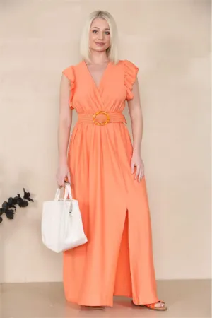 Women's Elegant Solid Color V Neck Puff Sleeve Tie-Up Slit Maxi Dress