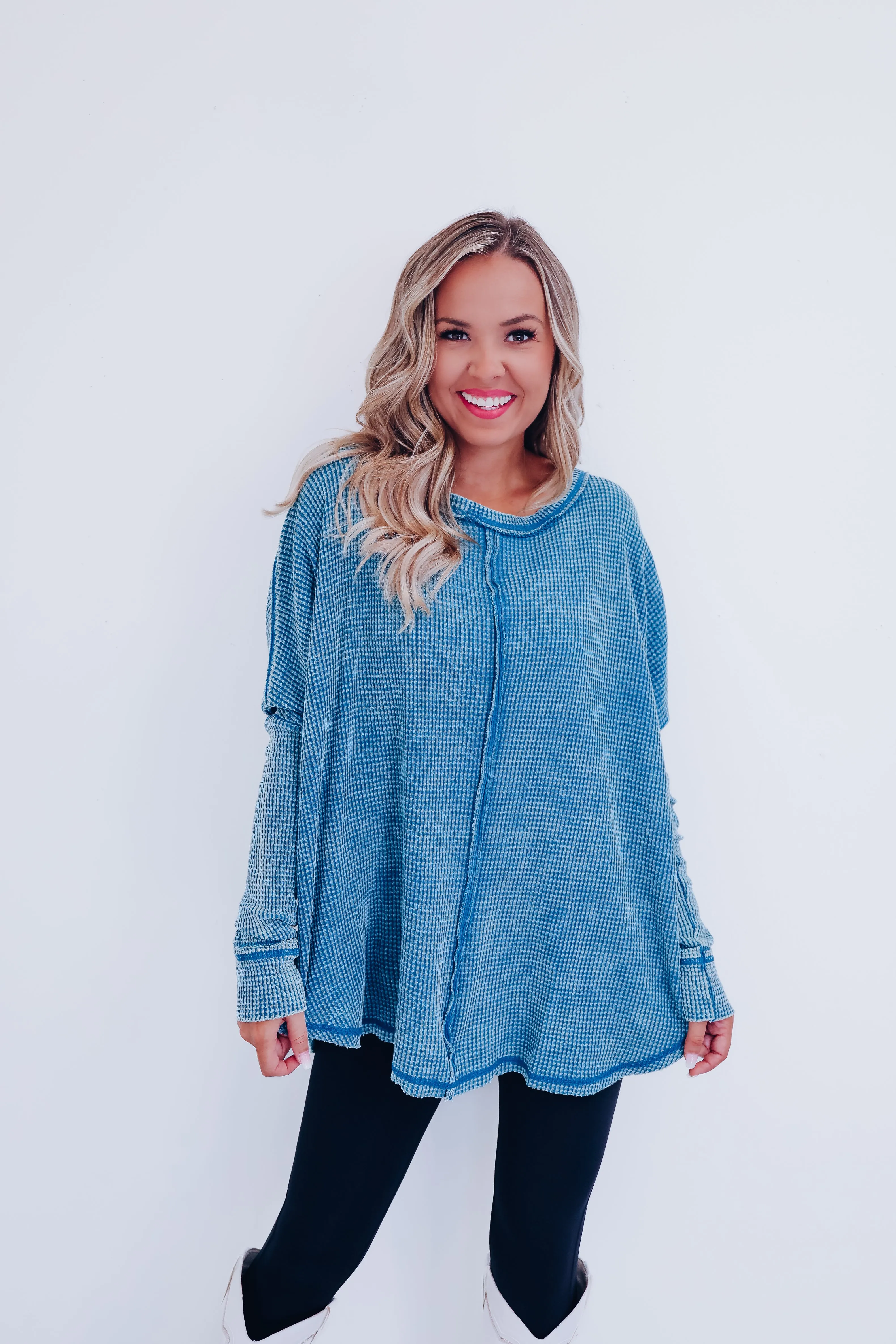 Wrenley Waffle Knit Top - Deep Sky