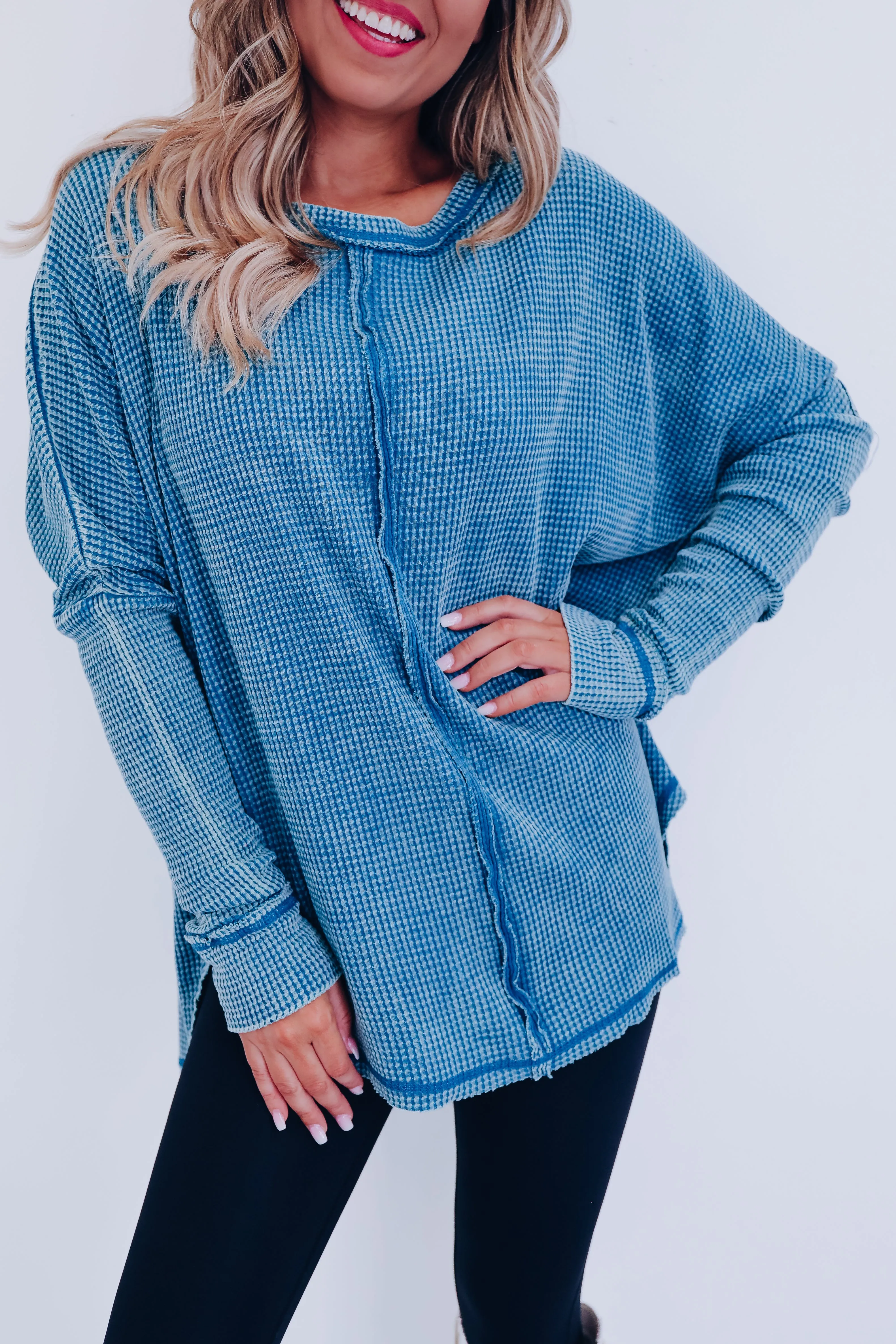 Wrenley Waffle Knit Top - Deep Sky