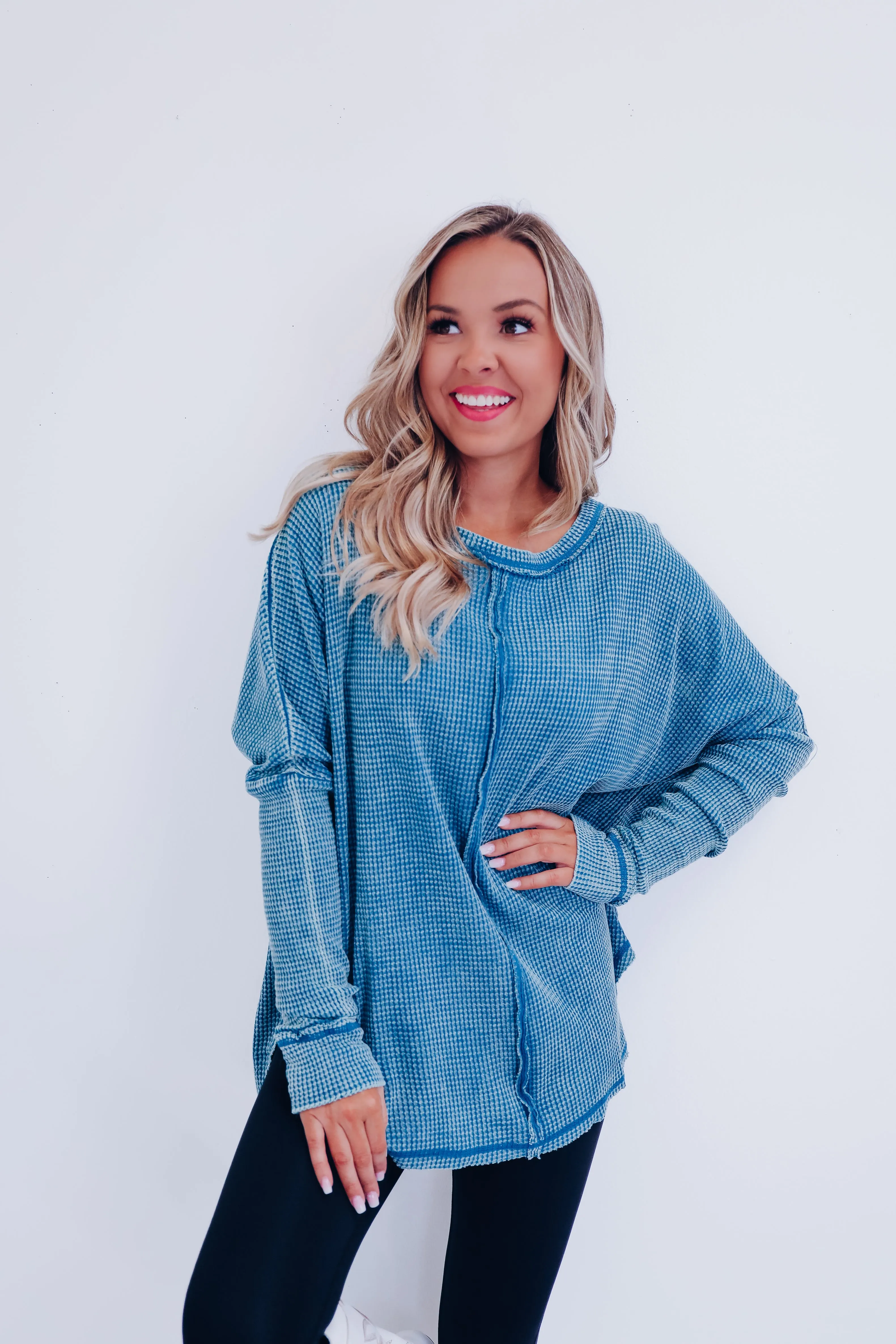 Wrenley Waffle Knit Top - Deep Sky