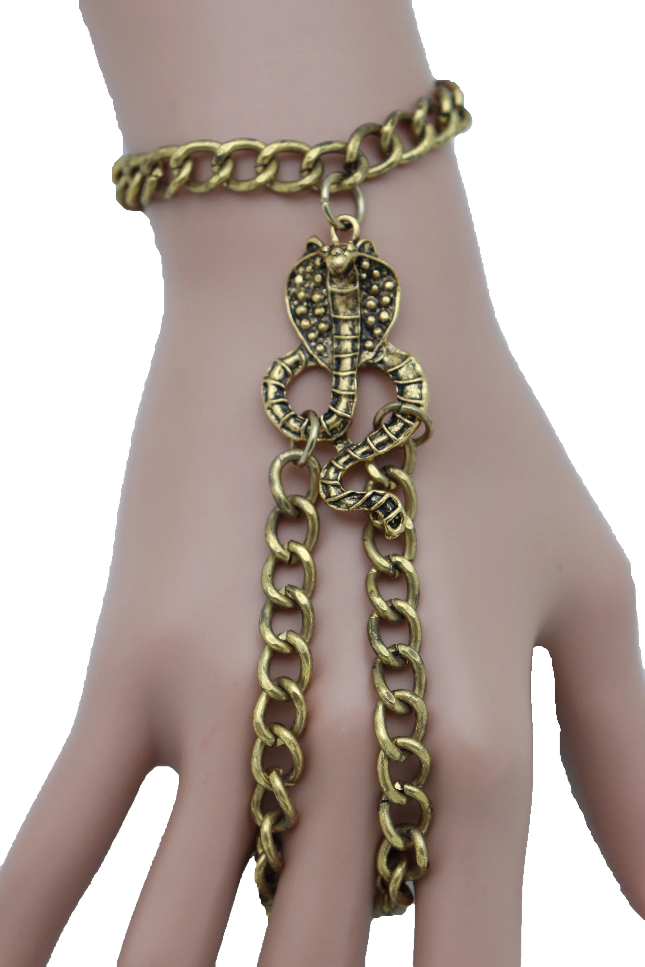 Wrist Bracelet Antique Gold Metal Hand Chain Cobra Snake Charm