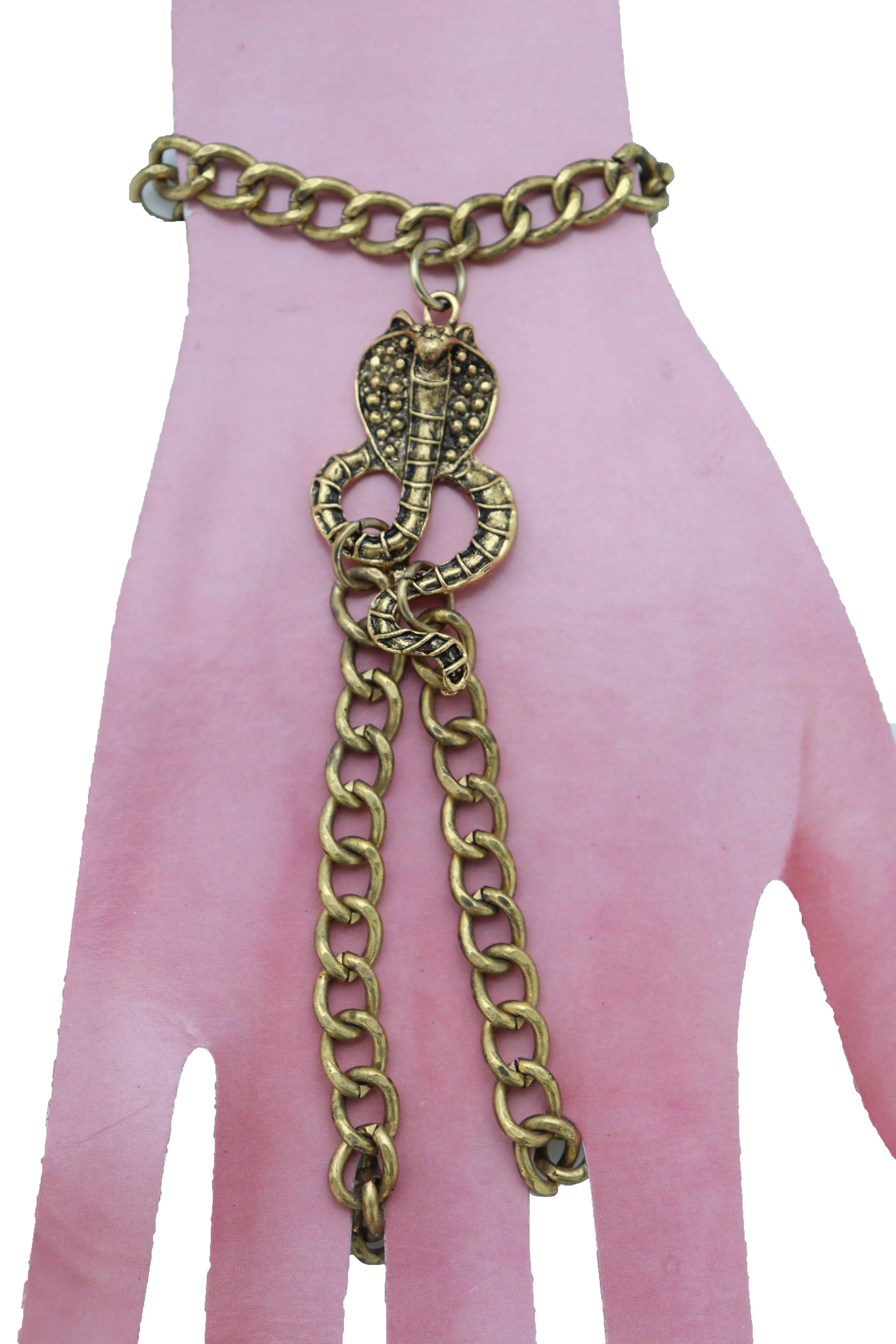 Wrist Bracelet Antique Gold Metal Hand Chain Cobra Snake Charm
