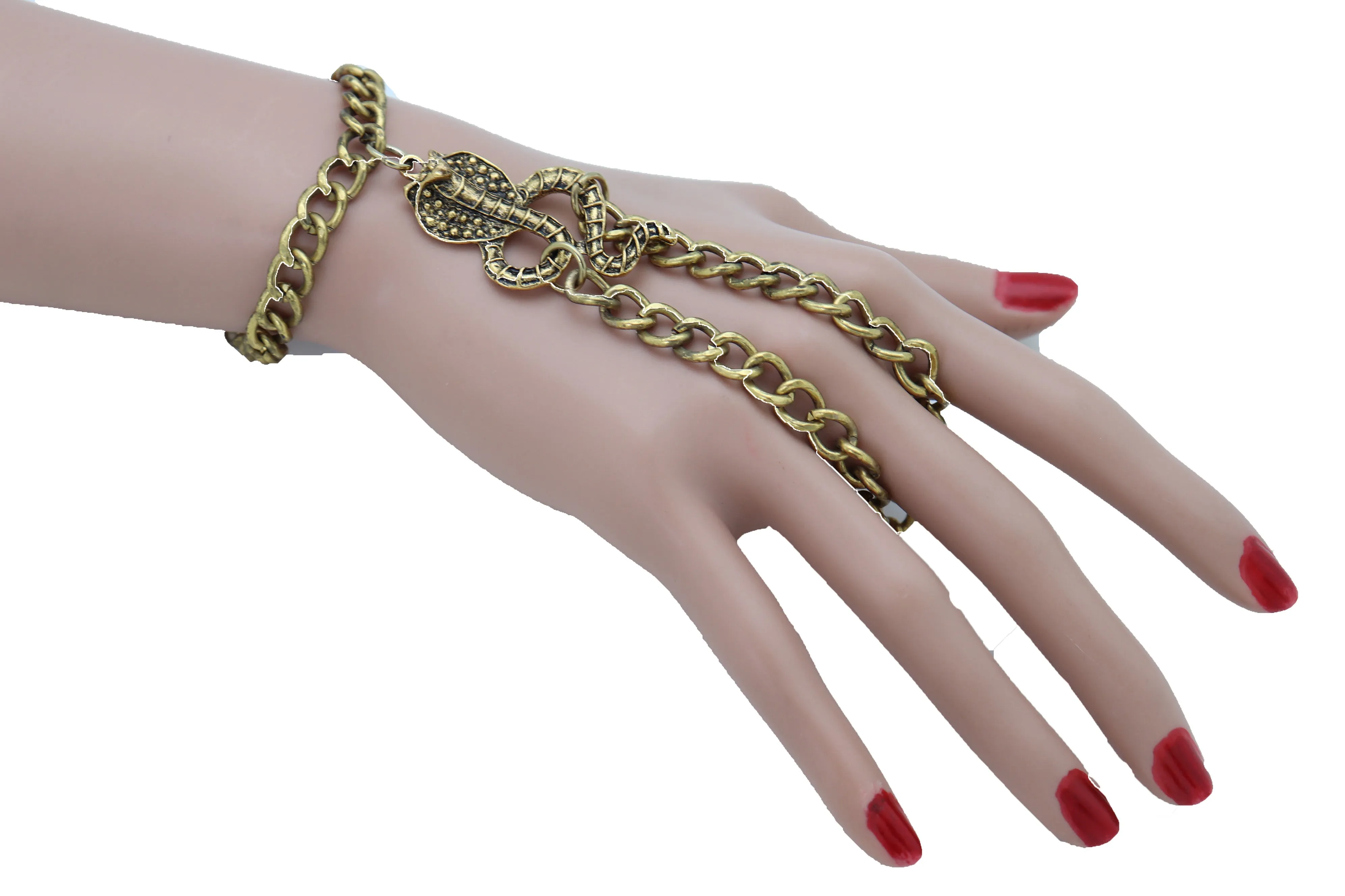 Wrist Bracelet Antique Gold Metal Hand Chain Cobra Snake Charm