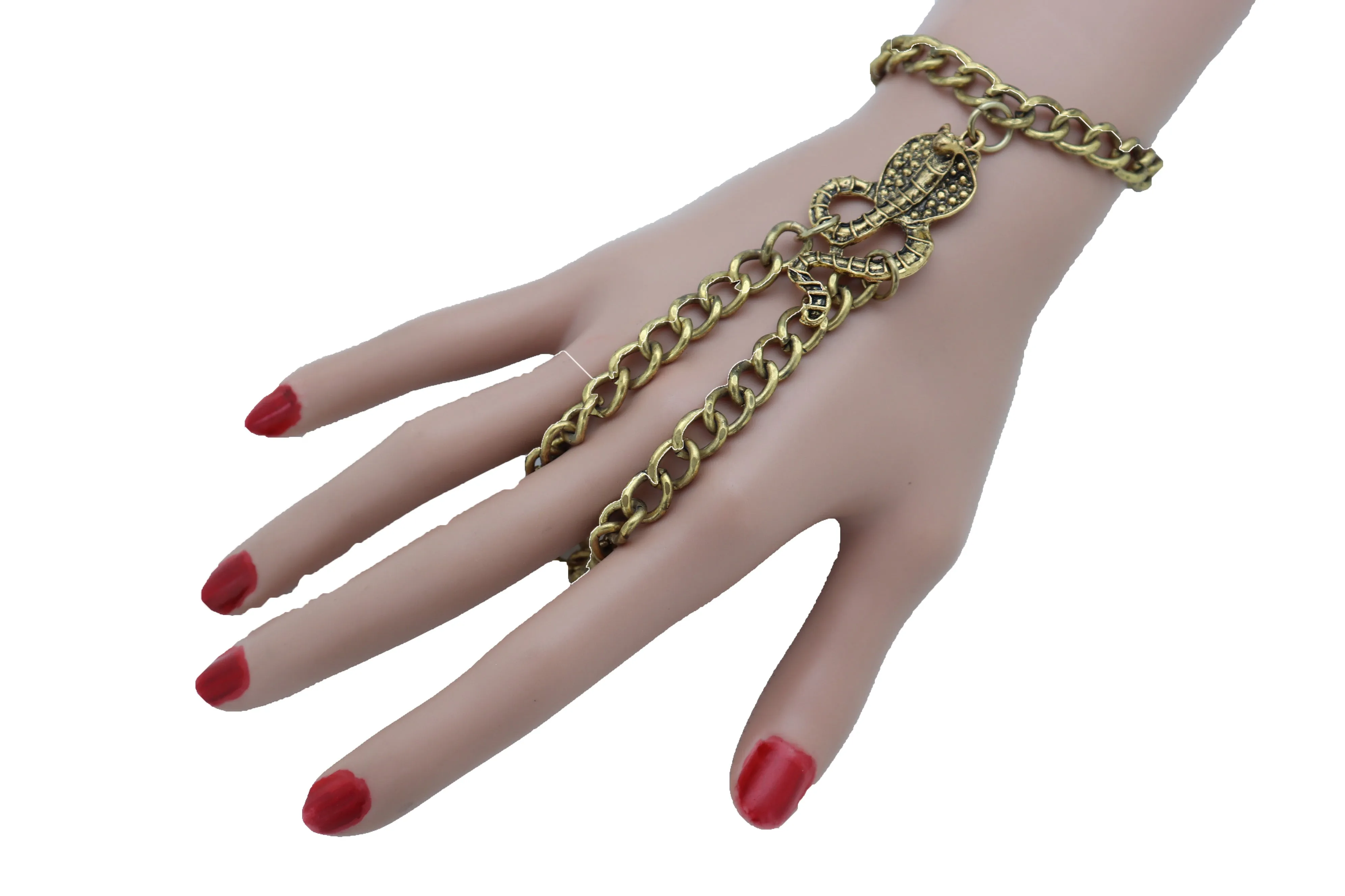 Wrist Bracelet Antique Gold Metal Hand Chain Cobra Snake Charm
