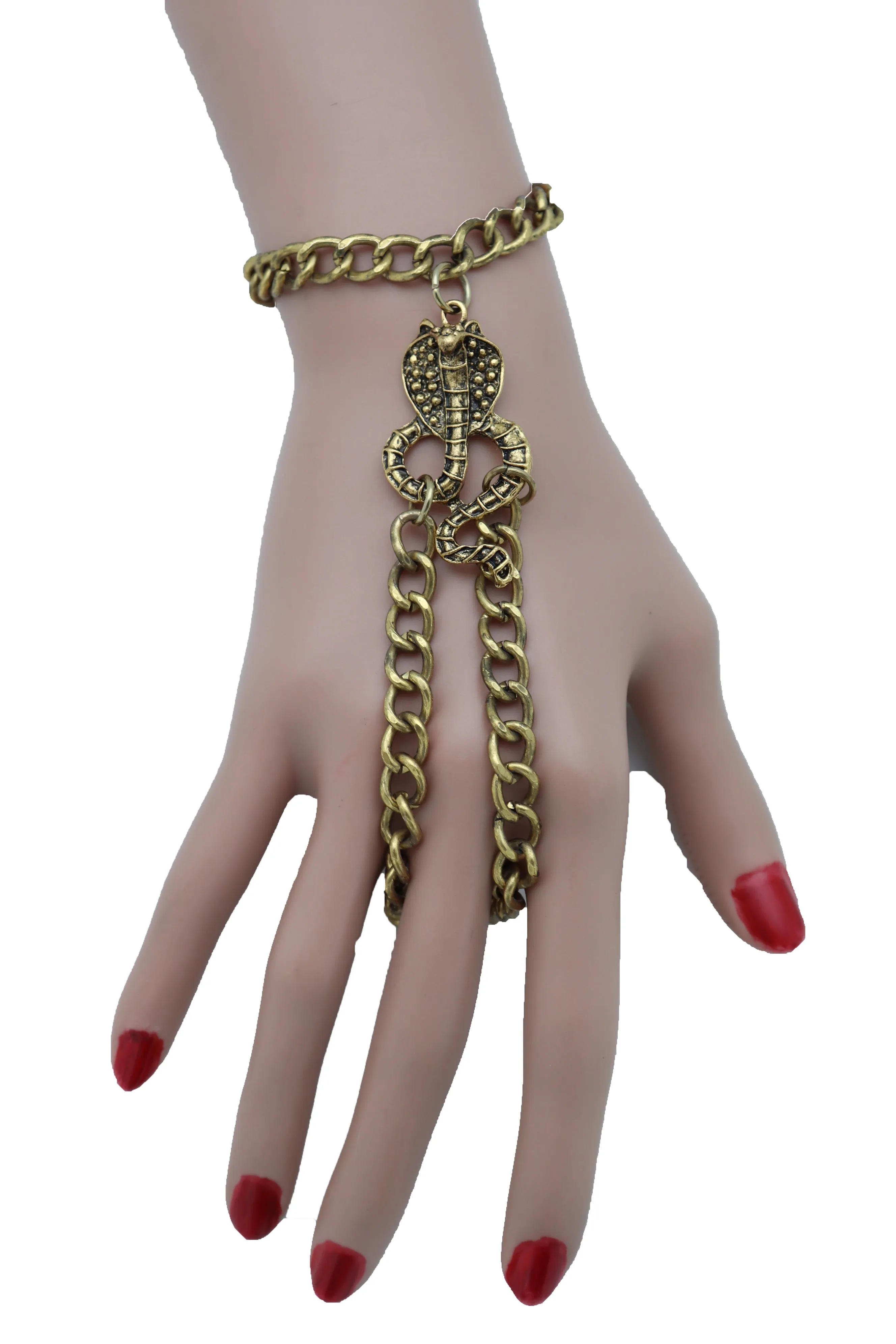 Wrist Bracelet Antique Gold Metal Hand Chain Cobra Snake Charm