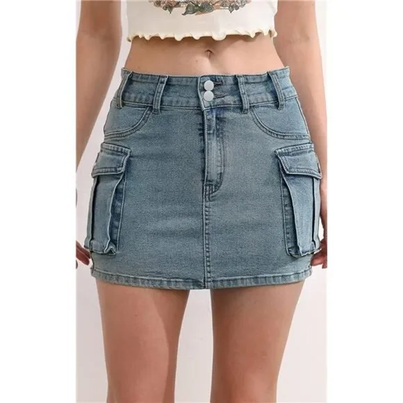 Y2K Gray Wash Cargo Denim Mini Skirt Low Waist Extra Short Bodycon Skirt