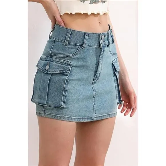 Y2K Gray Wash Cargo Denim Mini Skirt Low Waist Extra Short Bodycon Skirt