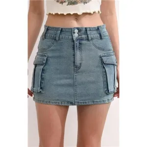 Y2K Gray Wash Cargo Denim Mini Skirt Low Waist Extra Short Bodycon Skirt